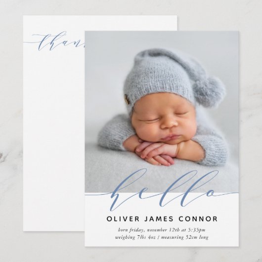 MODERN BABY FOTO-elegant hallo calligrafie hoog Aankondiging (Voorkant / Achterkant)