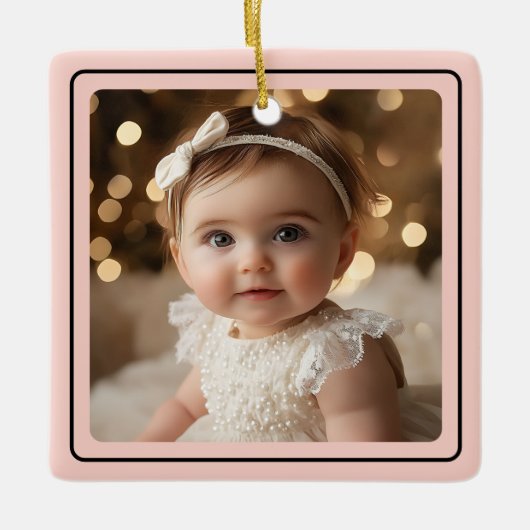 Modern Baby Meisje Foto Kerst Roze Script Naam Keramisch Ornament (Voorkant)