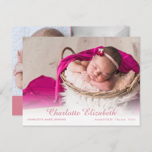 Modern Baby Meisje Fotoscript Geboorte Aankondigin Aankondigingskaart (Voorkant / Achterkant)