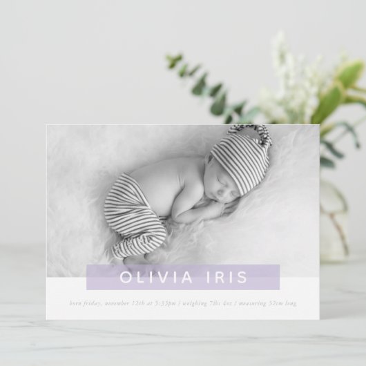 MODERN BABY PHOTO eenvoudige lieve lila paneelover Aankondiging (Staand voorkant)