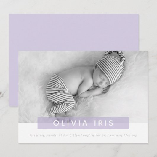 MODERN BABY PHOTO eenvoudige lieve lila paneelover Aankondiging (Voorkant / Achterkant)