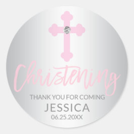 Modern Baby Pink Cross doopmeisje dank u Ronde Sticker