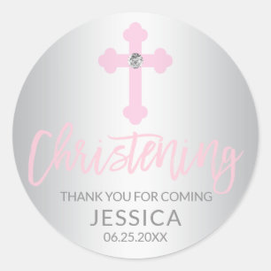 Modern Baby Pink Cross doopmeisje dank u Ronde Sticker