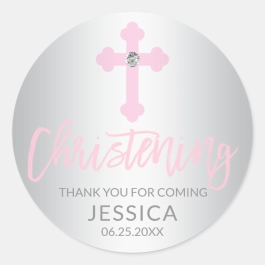 Modern Baby Pink Cross doopmeisje dank u Ronde Sticker (Voorkant)
