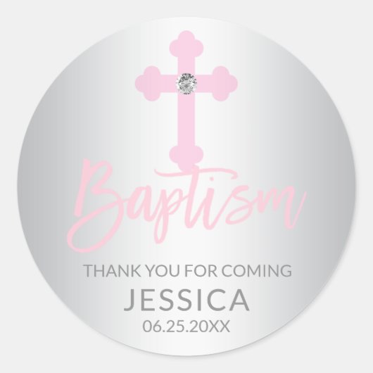 Modern Baby Roze Cross Doop Meisje Dank u Ronde Sticker (Voorkant)