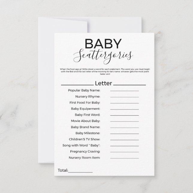 Modern baby scattergories baby shower spel (Voorkant)