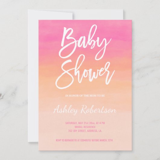 Modern baby shower roze koraal waterverf ombre kaart (Voorkant)