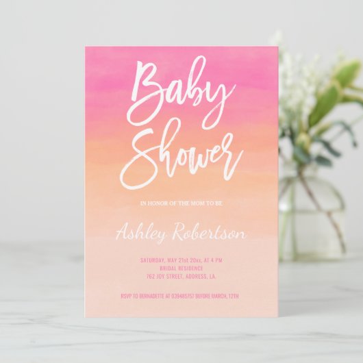 Modern baby shower roze koraal waterverf ombre kaart (Staand voorkant)
