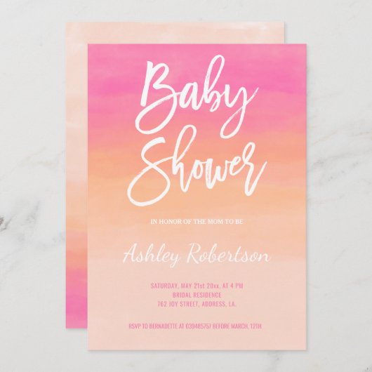 Modern baby shower roze koraal waterverf ombre kaart (Voorkant / Achterkant)