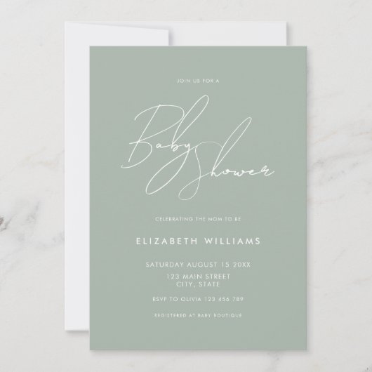 Modern Baby shower Sage Green Minimalist Script Kaart (Voorkant)