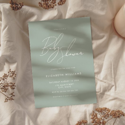 Modern Baby shower Sage Green Minimalist Script Kaart