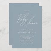 Modern Baby shower Stusty Blue Minimalist Script Kaart (Voorkant / Achterkant)