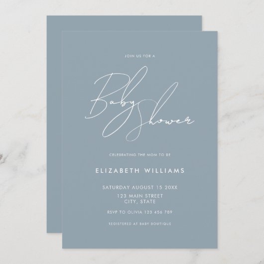 Modern Baby shower Stusty Blue Minimalist Script Kaart (Voorkant / Achterkant)