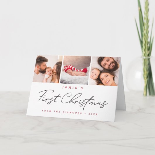 Modern Baby's First Christmas Custom 3 Photos Feestdagen Kaart (Voorkant)