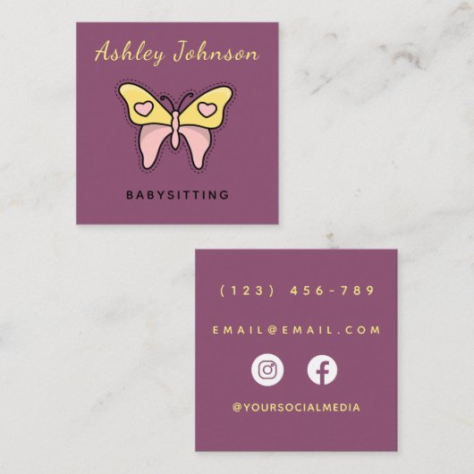 Modern Babyzittende Butterfly Social Media Vierkante Visitekaartje (Voorkant / Achterkant)