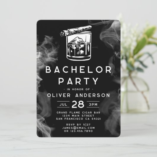 Modern Bachelor Party Sigaren en Whiskey Zwart Kaart (Staand voorkant)