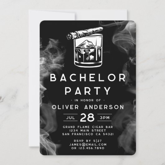Modern Bachelor Party Sigaren en Whiskey Zwart Kaart (Voorkant)