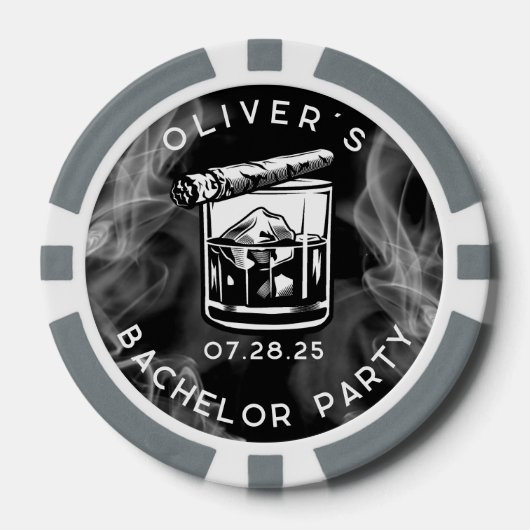 Modern Bachelor Party Sigaren en Whiskey Zwart Poker Chips (Voorkant)
