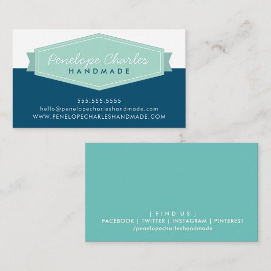 MODERN BADGE LOGO retro pastel mint donkerblauw Visitekaartje (Voorkant / Achterkant)