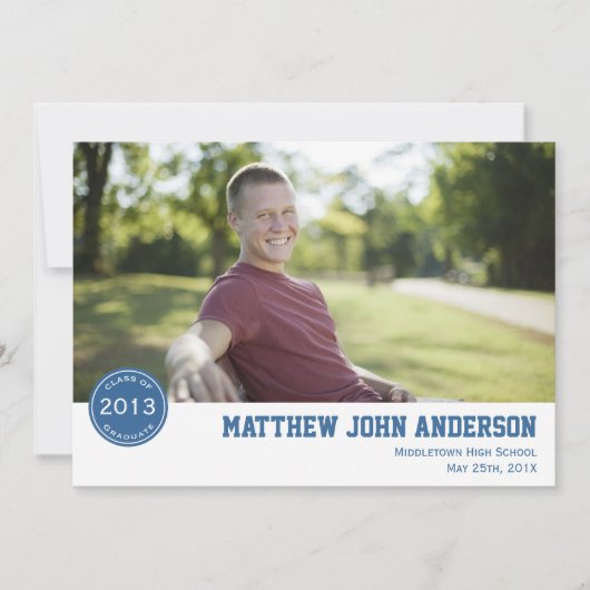 Modern Badge Photo Afstuderen Invitation - Blue Kaart (Voorkant)
