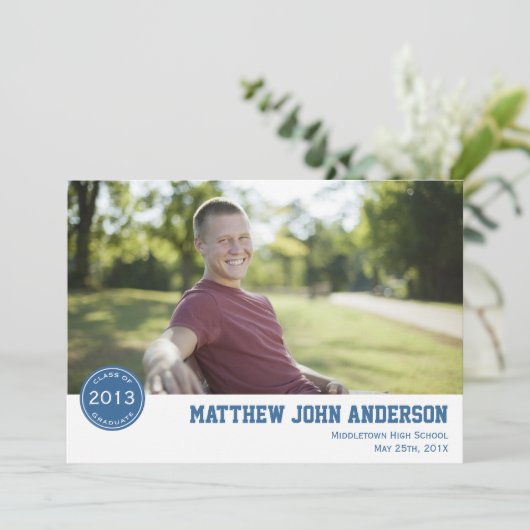 Modern Badge Photo Afstuderen Invitation - Blue Kaart (Staand voorkant)