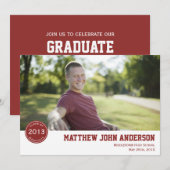 Modern Badge Photo Afstuderen Invitation - Rood Kaart (Voorkant / Achterkant)