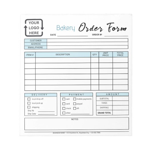 Modern Bakery Cafe Blauw Bestelformulier Notitiebl Notitieblok (Voorkant)