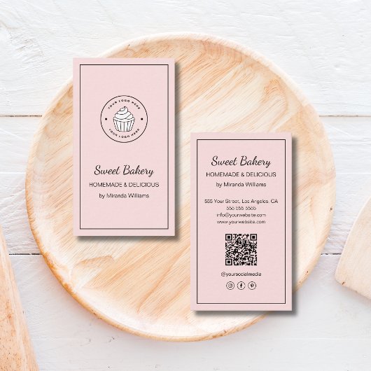 Modern Bakery Logo QR Social Media Icons Pink Visitekaartje