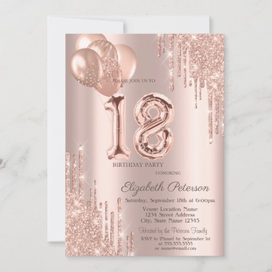 Modern Balloons Glitter Drips Roos Gold Sweet 16 Kaart (Voorkant)