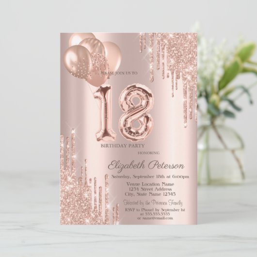 Modern Balloons Glitter Drips Roos Gold Sweet 16 Kaart (Staand voorkant)