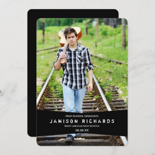 Modern Banner Afstudeerder Party Invitation / Zwar Kaart (Voorkant / Achterkant)