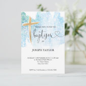 Modern Baptism Blue Waterverf Cross Christening Kaart (Staand voorkant)