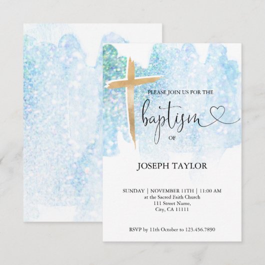 Modern Baptism Blue Waterverf Cross Christening Kaart (Voorkant / Achterkant)