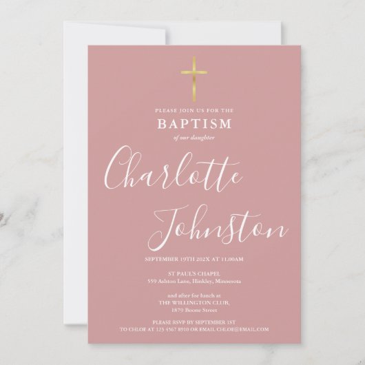 Modern Baptism Christening Dusty Rose Pink Kaart (Voorkant)