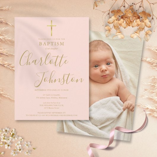 Modern Baptism Christening Gold Blush Pink Foto Kaart