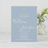 Modern Baptism Christening Gold Cross Dusty Blue Kaart (Staand voorkant)