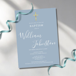 Modern Baptism Christening Gold Cross Dusty Blue Kaart