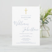 Modern Baptism Christening Gold Cross Dusty Blue Kaart (Staand voorkant)
