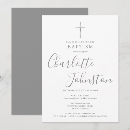 Modern Baptism Christening Silver Signature Kaart (Voorkant / Achterkant)