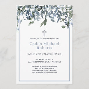 Modern Baptism Greenery Blue Flowers Invitation Kaart
