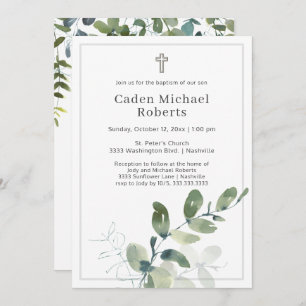 Modern Baptism Greenery Cross Invitation Kaart
