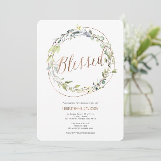 Modern, Baptism Invitation, Waterverf, Greenery Kaart (Staand voorkant)