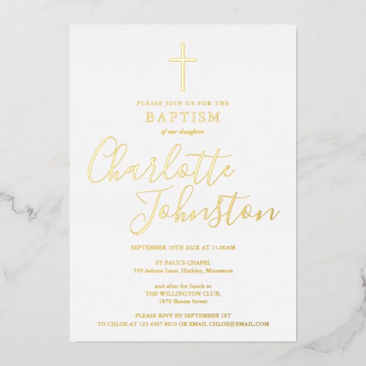 Modern Baptisme Christening Elegant Signature Gold Folie Uitnodiging (Voorkant)