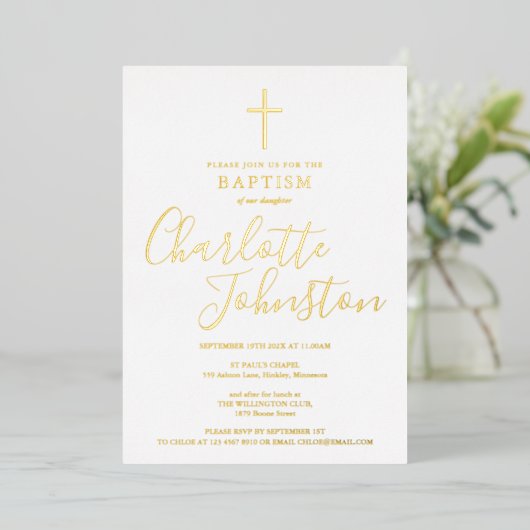 Modern Baptisme Christening Elegant Signature Gold Folie Uitnodiging (Staand Voorkant)