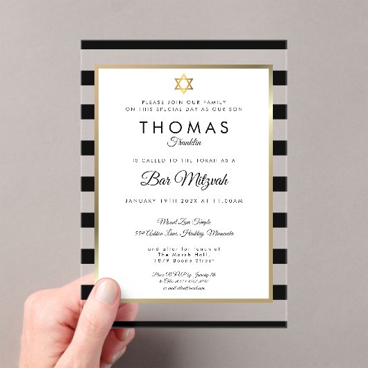 Modern Bar Bat Mitzvah Classic Black Stripe Gold Acryl Uitnodigingen (Insitu (Draagbaar))