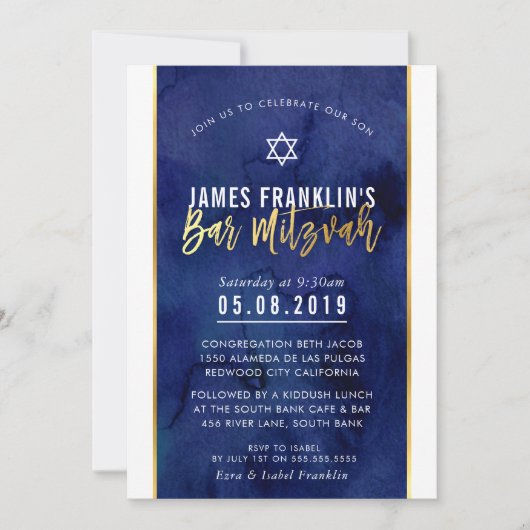MODERN BAR MITZVAH blauw waterverf gouden schrift Kaart (Voorkant)
