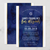 MODERN BAR MITZVAH blauw waterverf gouden schrift Kaart (Voorkant / Achterkant)