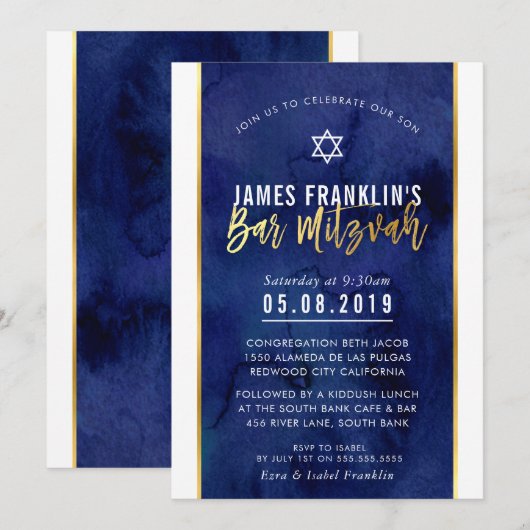 MODERN BAR MITZVAH blauw waterverf gouden schrift Kaart (Voorkant / Achterkant)
