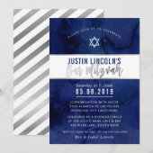 MODERN BAR MITZVAH blauw waterverf zilvertype Kaart (Voorkant / Achterkant)