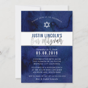 MODERN BAR MITZVAH blue waterverf Silver type Kaart